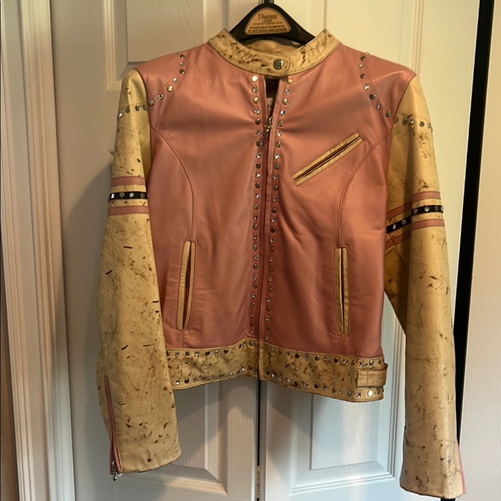 Wilsons Leather Pink and Cream Studded Jacket - Handpainted detail